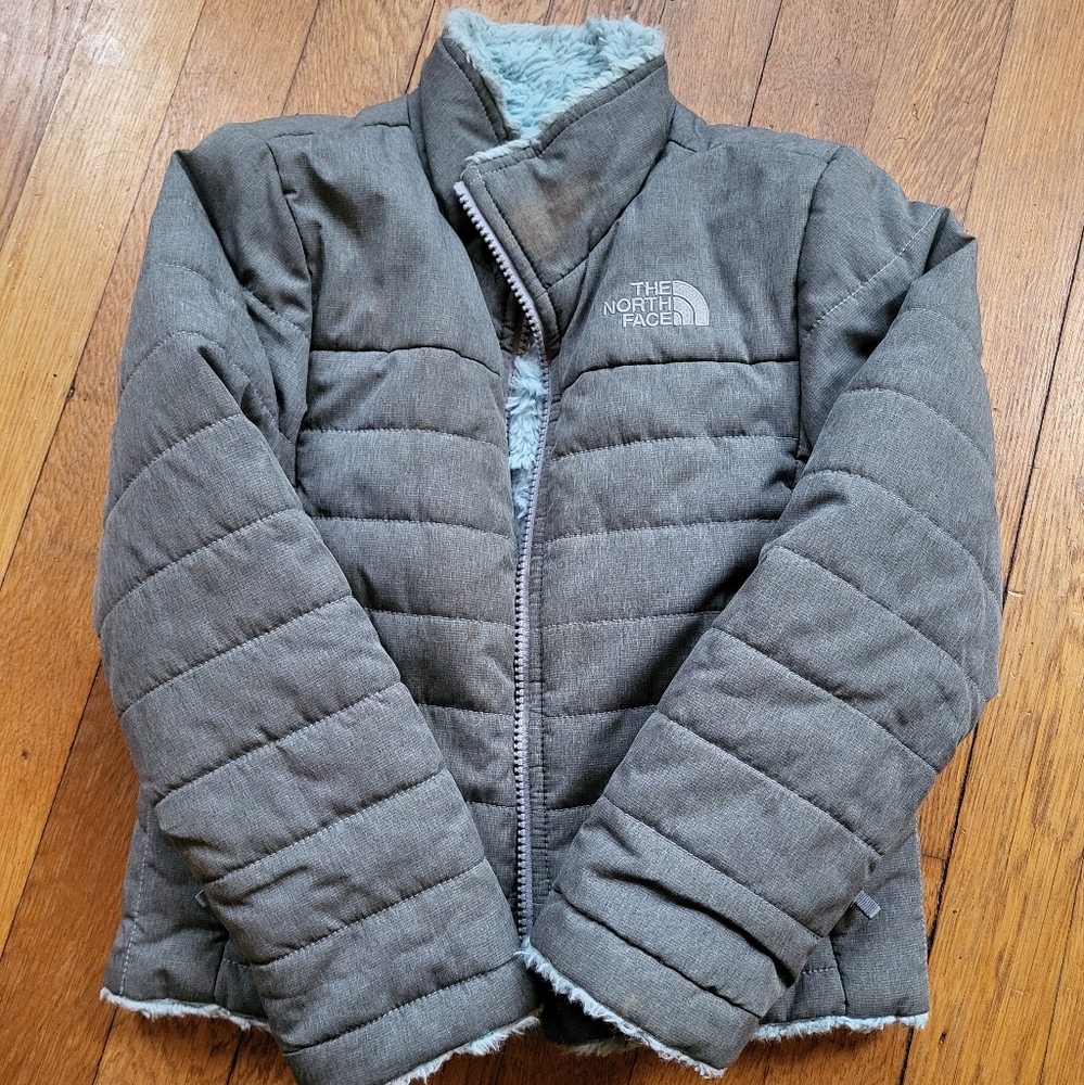 North Face Reversible Mossbud Jacket Youth Girls XXS/5 Gray And Ice Blue